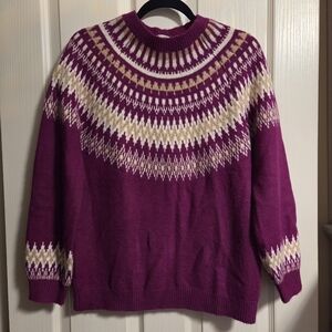 LOFT Magenta and Cream Patterned Crew Neck Sweater